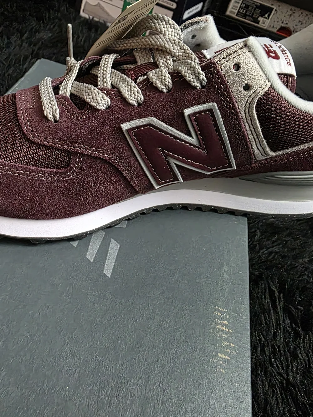 New Balance Burgundy & White Suede Sneaker (Rear View)